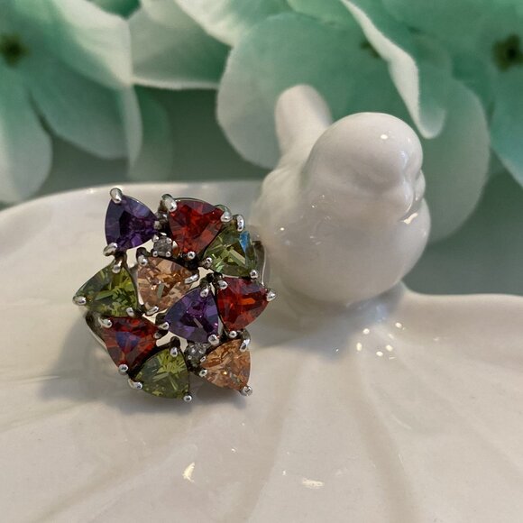 ABSTRACT FAUX CITRINE, RUBY, PERIDOT & AMETHYST CRYSTAL RING - Picture 2 of 8
